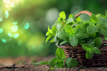 Bunch of fresh green organic mint leaves on a wooden table closeup. Mint. - obrazy, fototapety, plakaty