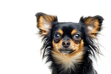 small black and tan dog in front of a white background