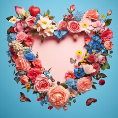 Heart of colorful flowers in the middle blank with space for your own content, blue background. Flowering flowers, a symbol of spring, new life.