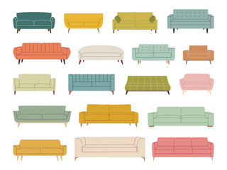 Obraz premium Set of trendy scandinavian sofas couches and armchairs. Modern, comfortable soft furniture collection for cozy home design. Colorful flat vector illustration isolated on white background.