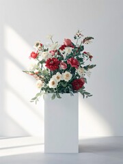 Bouquet of white and red flowers with green leaves in a square vase on a white background. Flowering flowers, a symbol of spring, new life.