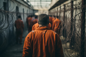 Fototapeta na wymiar Criminals jailed in prison in orange uniform behind metal bars Generative AI realistic 3D picture