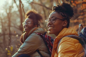 attractive young black women with backpacks and glasses sitting outdoors in a park - obrazy, fototapety, plakaty