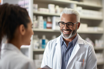 Fototapeta premium Smiling cheerful confident pharmacist in drugstore store shop Generative AI