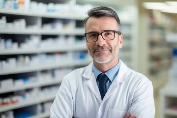 Fototapeta premium Smiling cheerful confident pharmacist in drugstore store shop Generative AI