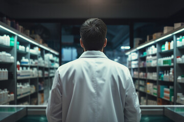 Fototapeta premium Smiling cheerful confident pharmacist in drugstore store shop Generative AI