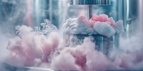 Cotton Sugar Candy Creation in Pink color. Close-up Sweet fluffy cotton candy twirling in a machine amidst swirls of vapor.
