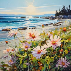 Illustration of colorful flowers on a sandy beach by the water with waves. Flowering flowers, a symbol of spring, new life.