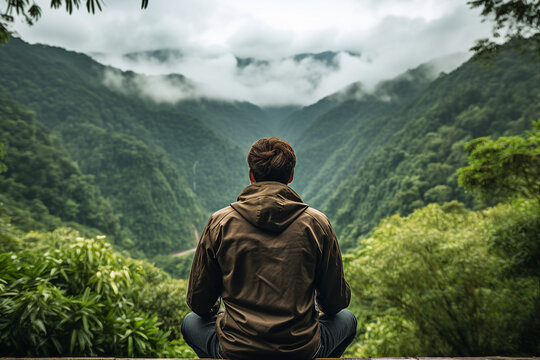 Generated with AI back view photo of man sitting alone on the mountain top and looking beautiful view