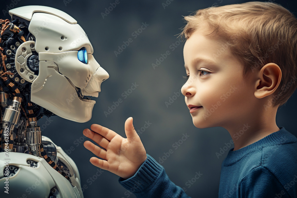 Poster generative ai image photo of little cute boy playing with his artificial intelligence robot friend