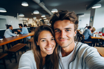 Happy school children in dinner place highschool canteen lunch break Generative AI picture