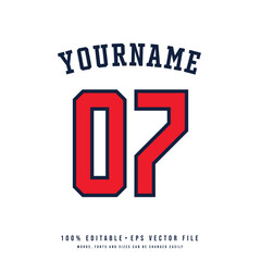 Jersey number, basketball team name, printable text effect, editable vector 7 jersey number