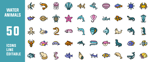 50 Water Animal Icons Set Pack Line Editable Vector Illustration