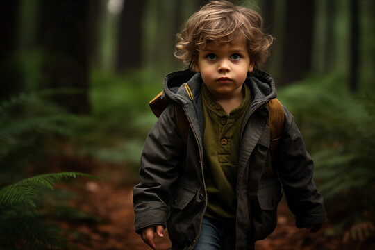 Generative ai photography of charming happy child traveler walking in forest alone