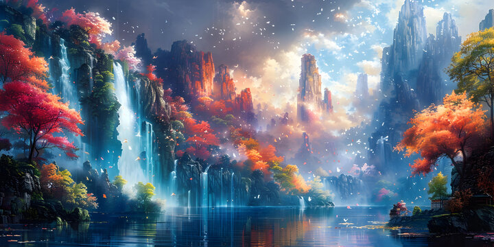 An Enchanting Watercolor Dreamscape of a Magical Floating Underwater City Cascading with Vibrant Foliage and Serene Waterfalls