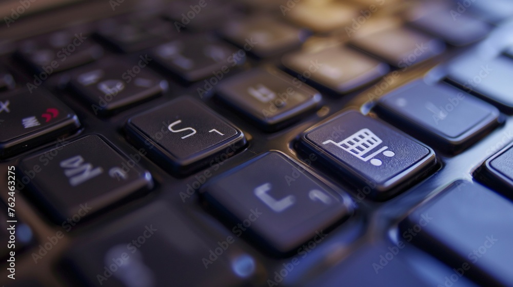 Poster a close up of a computer keyboard with a shopping cart icon on it.