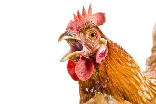 chicken holding its mouth open in front of a white background stock photo premium royaltyfree