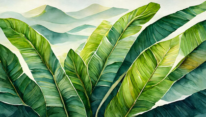 Abstract green floral elements banana leaves and plant with high quality detail on digital art concept.