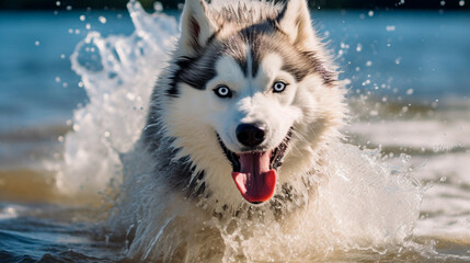 a dog running through the water with its tongue out