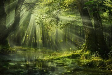 Obraz premium sun shines through a green and mossy forest with trees