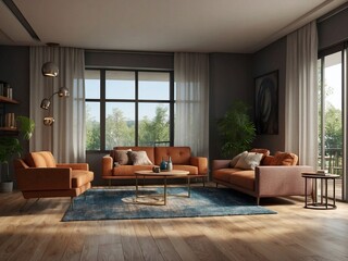 Naklejka na ściany i meble Interior of modern living room panorama 