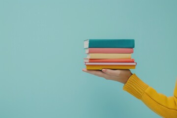 hand holding a stack of colorful books