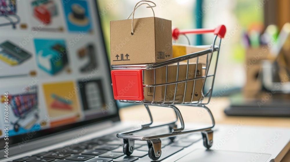 Aufkleber a shopping cart with a parcel boxes on computer keyboard.