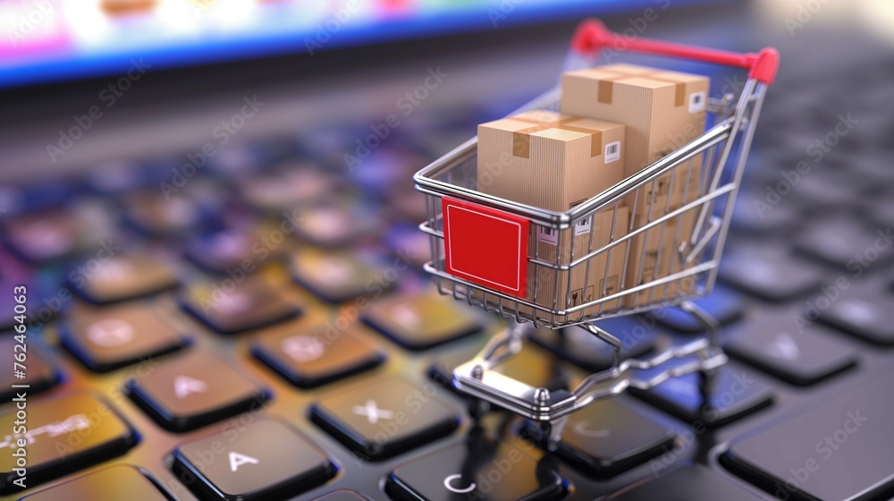 Poster a shopping cart with a parcel boxes on computer keyboard.