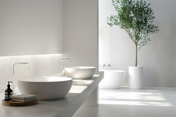 Fototapeta na wymiar Minimalist bathroom with double sinks and a freestanding bathtub beside a potted tree.