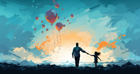 balloon child, postcard child father, dad daughter balls, open space sky, drawn, sunset, helium balloons - obrazy, fototapety, plakaty