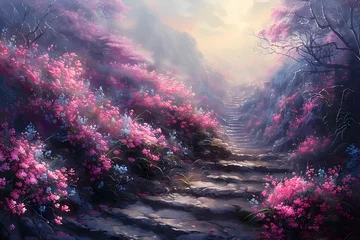 Schilderijen op glas Enchanting Woodland Pathway Leads Through a Mystical, Shimmering Landscape of Vibrant Floral Splendor © Duanporn