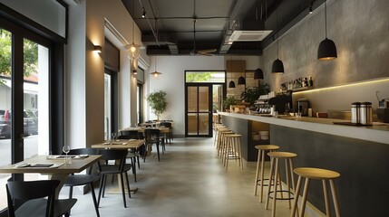 Naklejka premium A restaurant interior with a tables and chairs and airy window view.