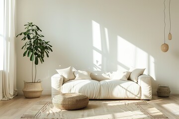 A serene living room with a white sofa, natural light, and green plant.