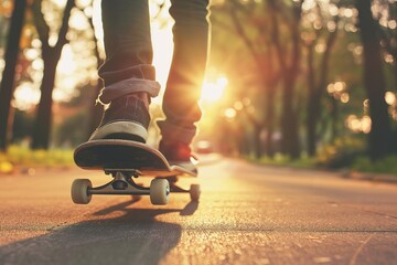 Person on a skateboard enjoying a ride down a sunlit park path. - obrazy, fototapety, plakaty