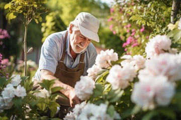 Meticulous Senior gardener pruning flowers in garden. Elderly man cutting blooming plants in backyard. Generate Ai