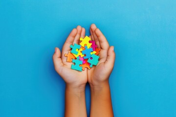hands of two young children holding puzzle pieces on blue background with copy space