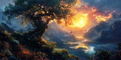 Obraz na płótnie Canvas Majestic Mythical Landscape Illuminated by Radiant Sunset Glow in Enchanting Otherworldly Artwork