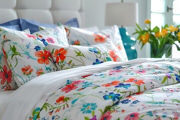Bright floral bedding in a white light-filled bedroom.