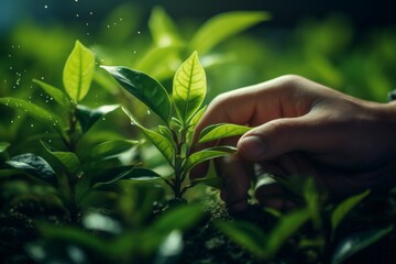 harvesting green tea in the field, hands close-up Generative AI