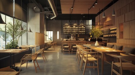 A restaurant interior with a tables and chairs and airy window view.