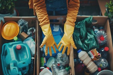 Person in yellow gloves ready to sort recyclables.