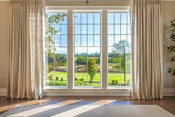 Fototapeta premium A serene room with large windows overlooking a sunny landscape and greenery.