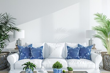 blue and white decor in living room