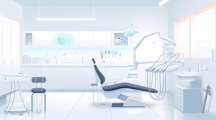 Dental room interior with dentist chair, lamp and drilling machine. Hospital interior with dentist workplace. Dental office concept. Design for banner, poster, ad, website. 