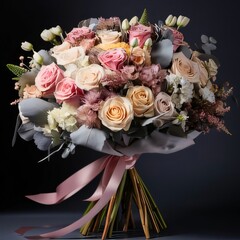 Bouquet of bright roses, flowers tied with a ribbon on a dark background. Flowering flowers, a symbol of spring, new life.