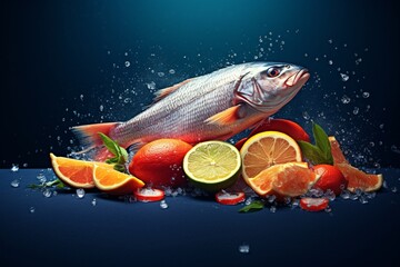 a fish and fruit on a table