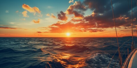 the yacht sails into the sunset Generative AI - obrazy, fototapety, plakaty