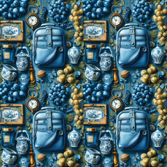 Seamless travel-themed pattern with backpacks, globes, passports, on a textured background. - obrazy, fototapety, plakaty