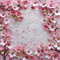 And an aerial view of the pink and white mosaic decorated with pink cherry blossoms. A place for its own content. Flowering flowers, a symbol of spring, new life.