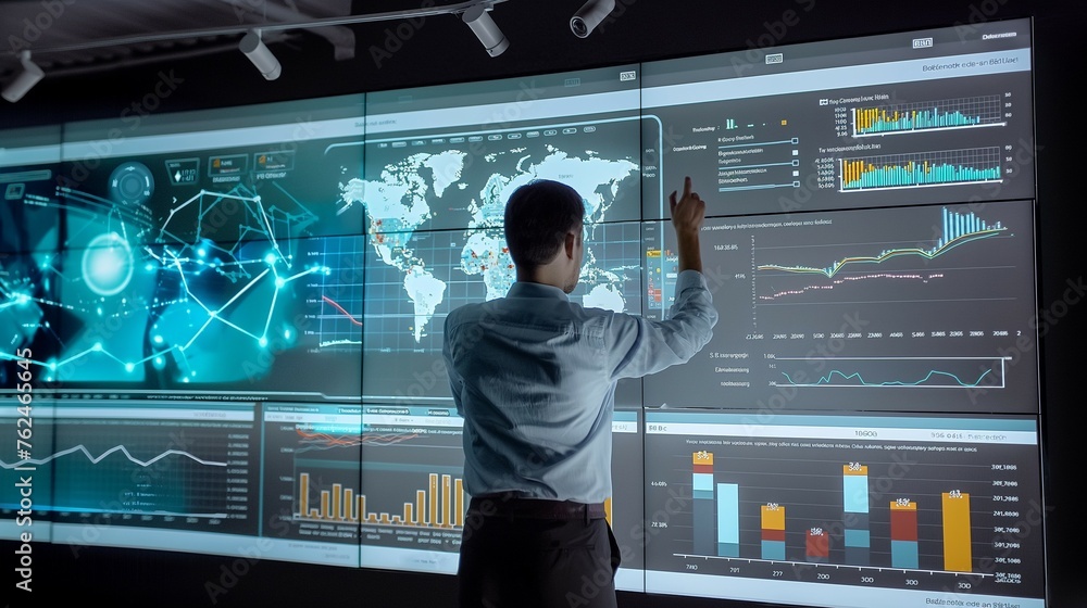 Poster a man with a data business analysis on monitor screen.